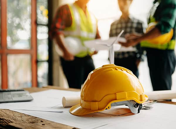 Safety helmet on table with regulatory documents